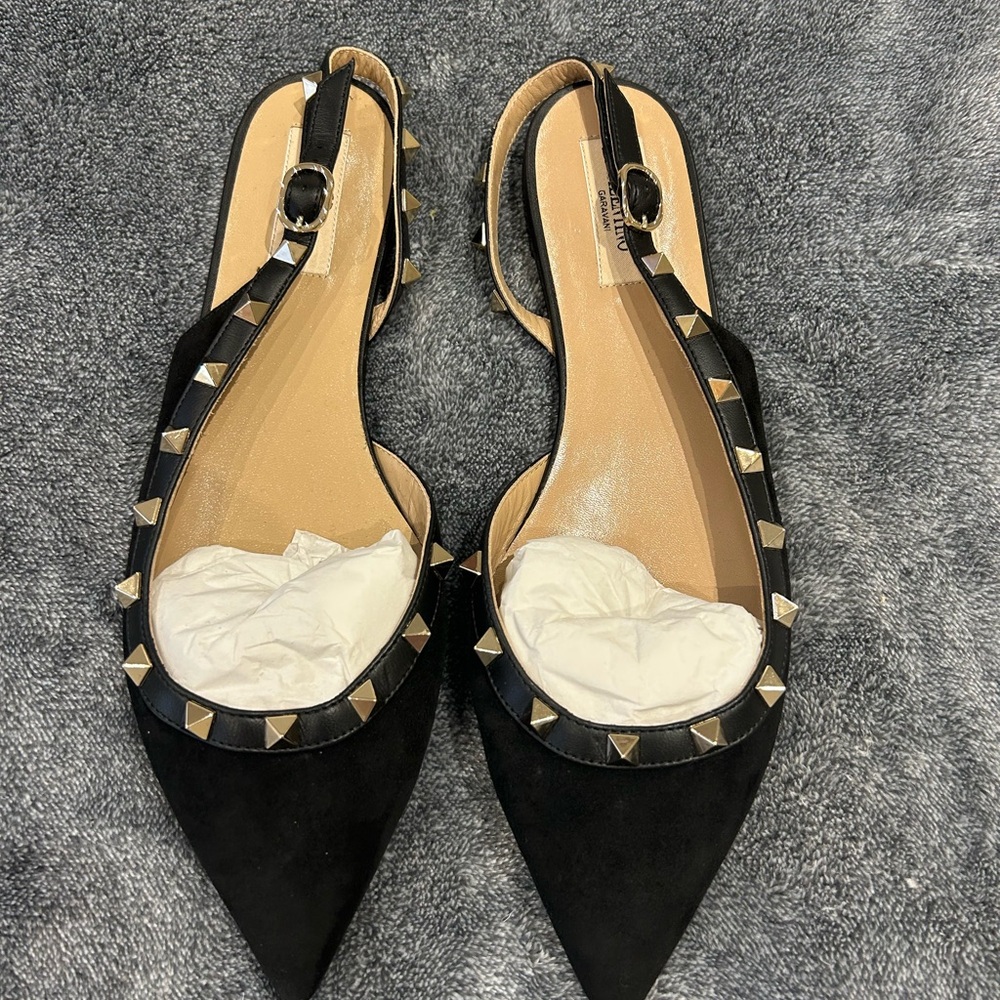 Valentino Black Suede Studded Slingback Flats